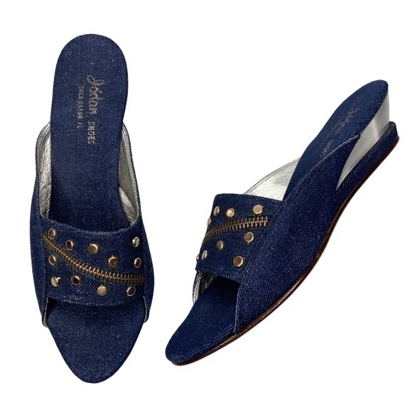 Vintage Jodan Shoes Blue Denim Studded Zipper Detail Slip On Sandals Size 7 N